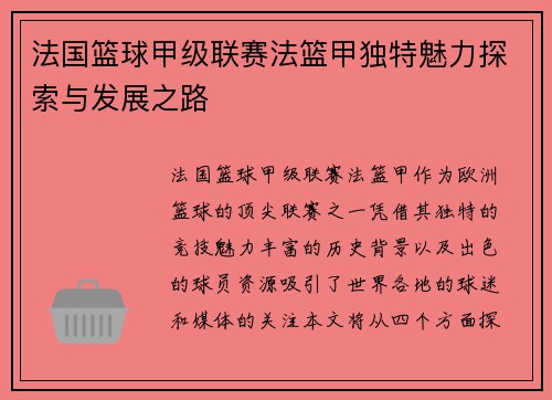 法国篮球甲级联赛法篮甲独特魅力探索与发展之路
