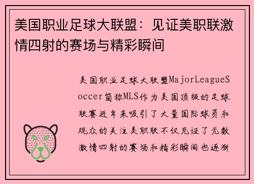 美国职业足球大联盟：见证美职联激情四射的赛场与精彩瞬间
