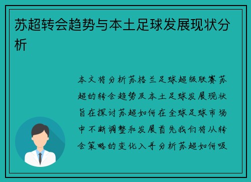 苏超转会趋势与本土足球发展现状分析